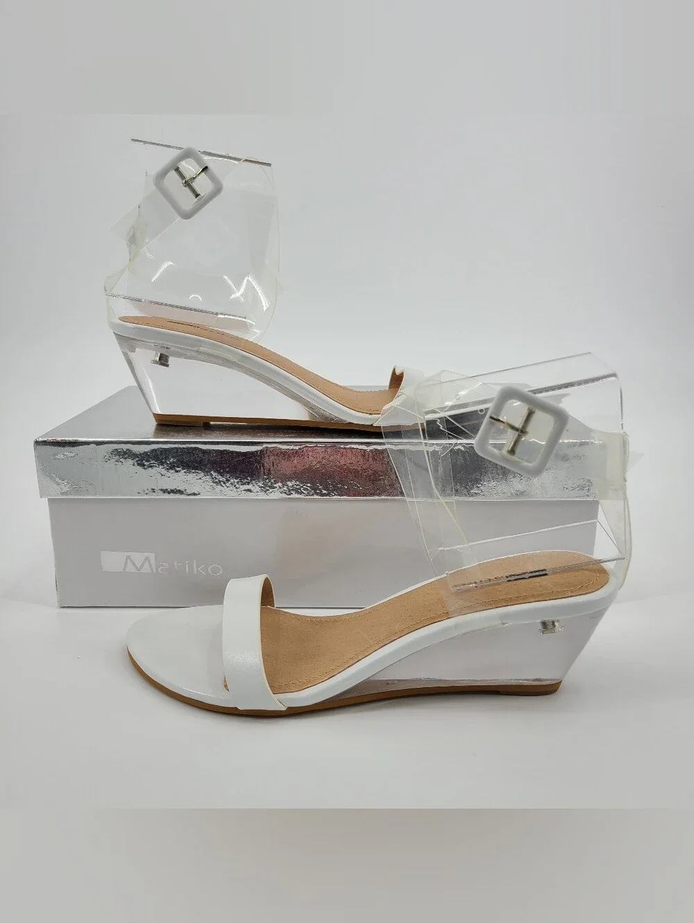 Matiko White Clear Wedge Sandals with Ankle Strap Size 5